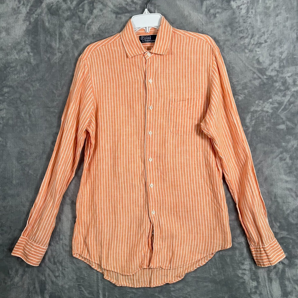 Polo Ralph Lauren Linen Orange Button Up Shirt Mens Medium Striped Peach Pocket
